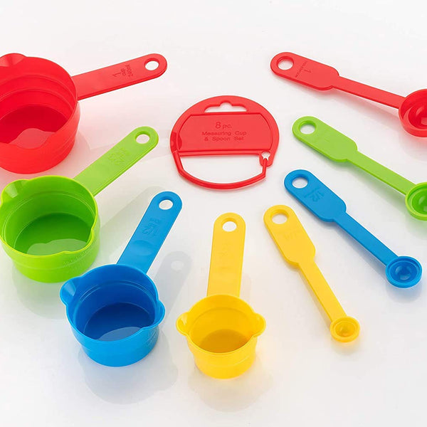 Plastic Measuring Cups and Spoons for Kitchen Cake Baking and Cooking Teaspoon Tablespoon Spoon Accessories Tools Set Multicoloured, 8 Pcs,