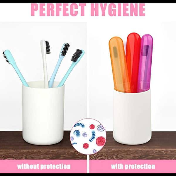 4pc Toothbrush Case Plastic Anti-Bacterial Travel Protectors for Oral Care - Portable Brush Holder for Bathroom Wall, Trip & Travel - Multicolor Toothbrush Case Box & Cover Container Set