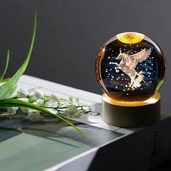 Wings Unicorn Crystal Ball Night Light | Dimmable Engraved LED Glass Ball Table Lamp with USB and Wooden Base for Home Decor, Office, Birthday Gift & Kids Bedroom, 3D Galaxy Lamp Ball (Unicorn)