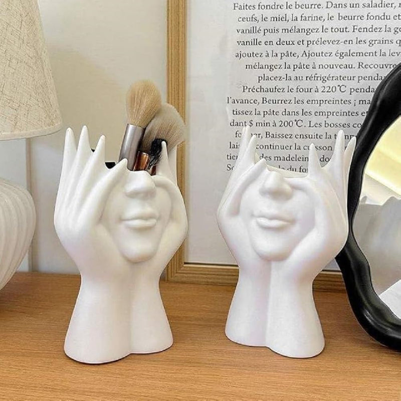 Face Hands Decorative Holder for Makeup Brushes and Flowers, Sculpted Figure Design, Approx. 17 cm Height