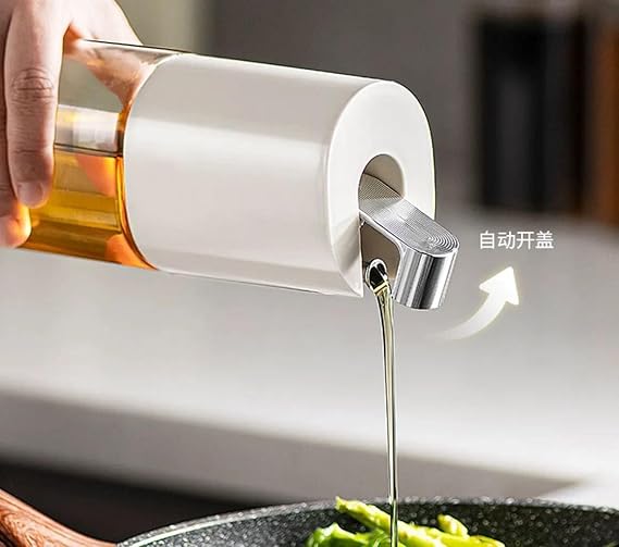 Glass Oil Dispenser Bottle with Precise Pour Spout, 500ml, Kitchen Cooking Oil Container, Silver