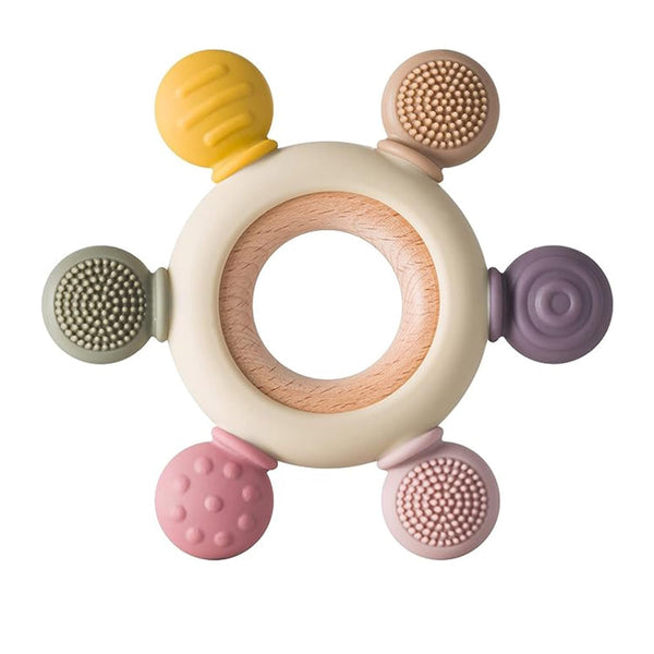 Silicone & Wood Baby Teether – BPA-Free Teething Toy for 3+ Months Baby, Soothing Sensory Toy for Infants, Ideal Gift for Newborns Silicone Rudder with Wooden Ring Soothe Babies Gums