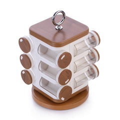 GANESH Multipurpose Revolving Round Shape Plastic Spice Jars containers For Kitchen Organizer Items, Spices Storage Jar/ Masala Box/ Spice Rack/ Condiment Masala Rack Container Set ( 12 Pieces, Wooden Finish)