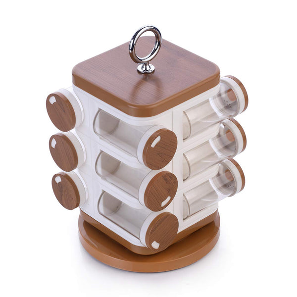 GANESH Multipurpose Revolving Round Shape Plastic Spice Jars containers For Kitchen Organizer Items, Spices Storage Jar/ Masala Box/ Spice Rack/ Condiment Masala Rack Container Set ( 12 Pieces, Wooden Finish)