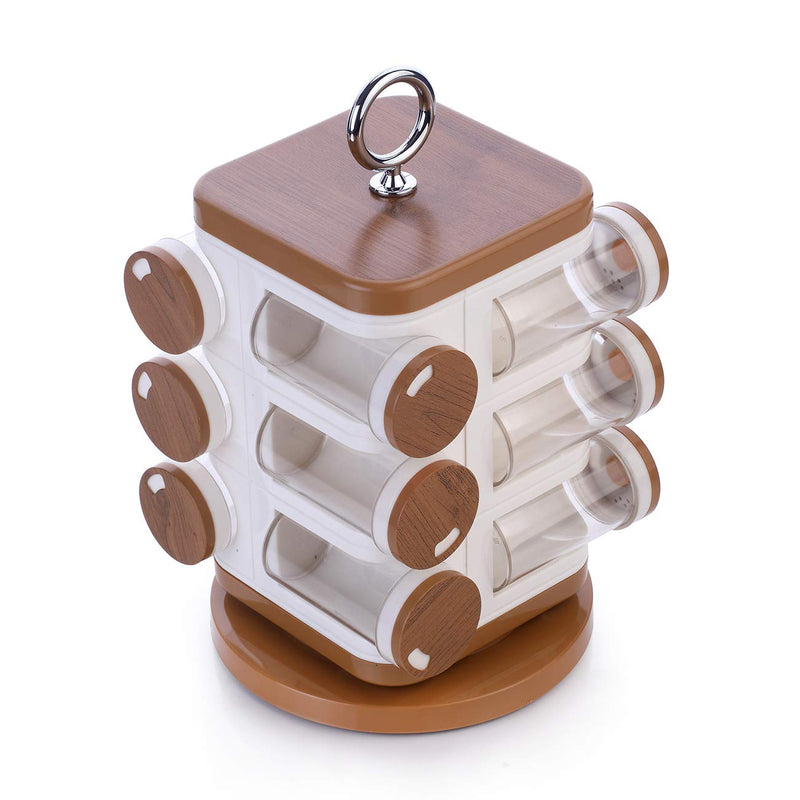 GANESH Multipurpose Revolving Round Shape Plastic Spice Jars containers For Kitchen Organizer Items, Spices Storage Jar/ Masala Box/ Spice Rack/ Condiment Masala Rack Container Set ( 12 Pieces, Wooden Finish)