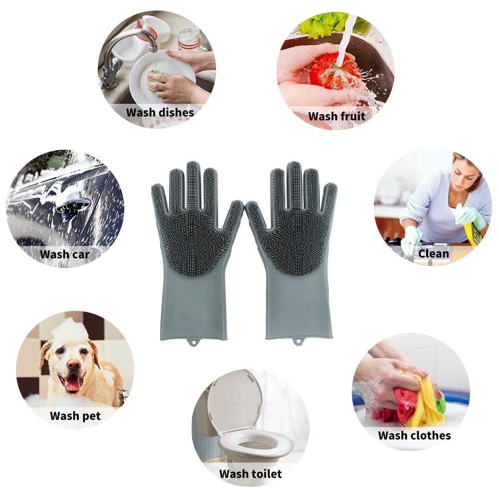 Silicone Dish Washing Gloves, Silicon Cleaning Gloves, Silicon Hand Gloves for Kitchen Dish washing and Pet Grooming, Great for Washing Dish, Kitchen, Car, Bathroom Wet and Dry Disposable Glove
