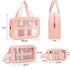 Wash Bag Pouch for Travel Kit Toiletry Bag Cosmetic Bag Make Up Box for Brushes, Accessories with Handle, Large Capacity Translucent Waterproof Travel Storage Organizer Set of 3 (Pink)