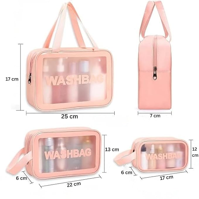 Wash Bag Pouch for Travel Kit Toiletry Bag Cosmetic Bag Make Up Box for Brushes, Accessories with Handle, Large Capacity Translucent Waterproof Travel Storage Organizer Set of 3 (Pink)
