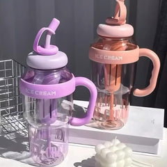 Insulated Ice Cream Water Bottle with Straw – 1300ml Large Capacity | Cute & Stylish Plastic Tumbler with Handle | Leak-Proof & Reusable Travel Cup for Kids & Adults (Multicolor)(Pack of 1)
