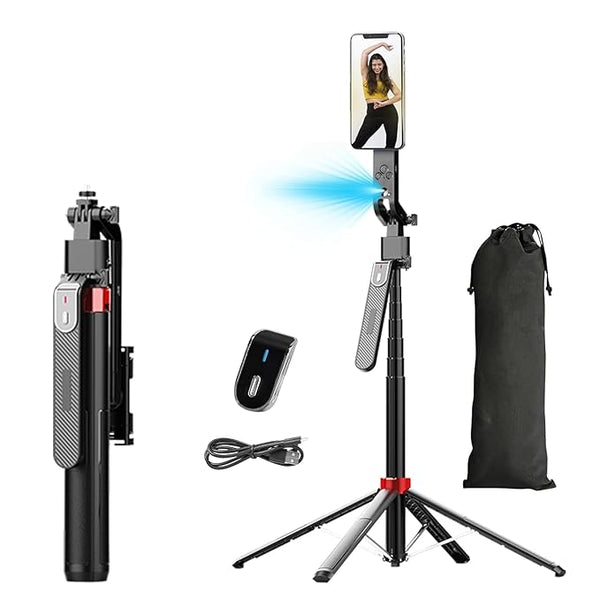 Auto Face Tracking AI Gimbal Selfie Stick Tripod Stand,Detachable Bluetooth Remote Compatible for iPhone/Android, Best for Vlogging/Photo Shoot (Q185 AUTO FACE Tracking Selfie Stick)