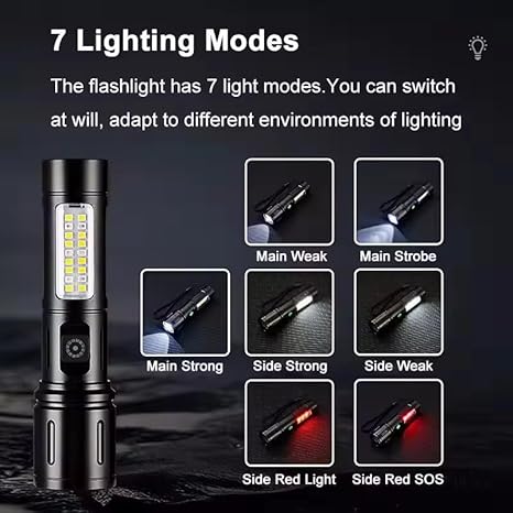 Crobat Aluminum Alloy Rechargeable Tactical Flashlight Torch, 6 Modes, Aluminum Body, Telescopic Zoom Rechargeable Battery, Type-C Fast Charging, Waterproof Body