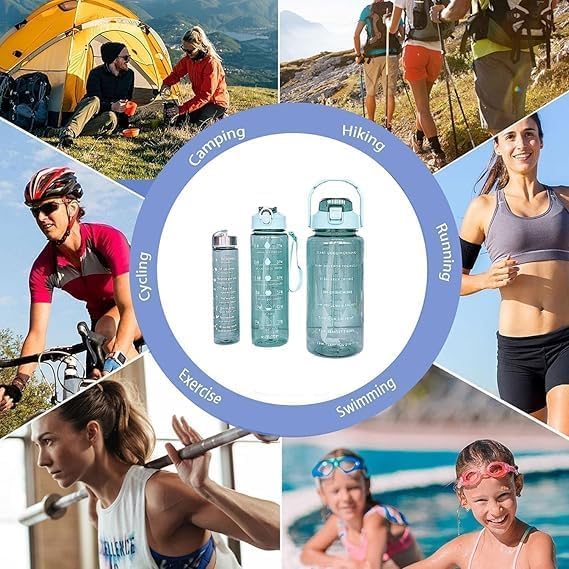 Water Bottle Set of 3 2000 ml Bottle With Drinking Glass  (Pack of 1, Multicolor, Silicone, Plastic) Leak proof 3PCS
