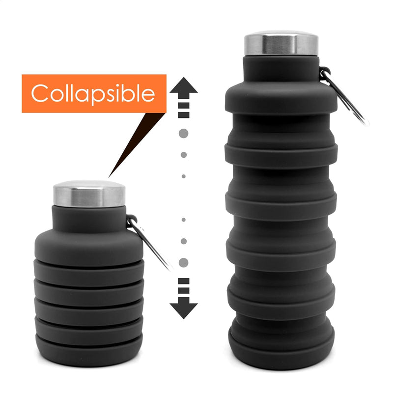 Collapsible Silicone Water Bottle For Sports, Trekking, Cycling, Outdoor, College, And Gym - Foldable With Snap Hook, Grey (Pack Of 1), 0.50 Liter