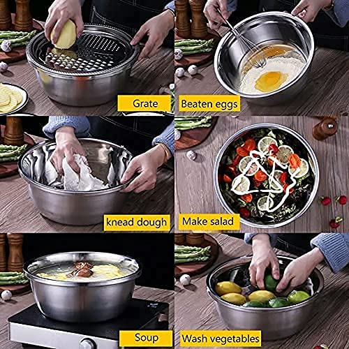 Stainless Steel Mirror Finish 3-in-1 Multipurpose Drain Basket- Grater- Basin Bowl; Vegetable Slicer For Kitchen Cutting|for Fruits And Other Items|Outer Diameter- 26 Cm,Silver