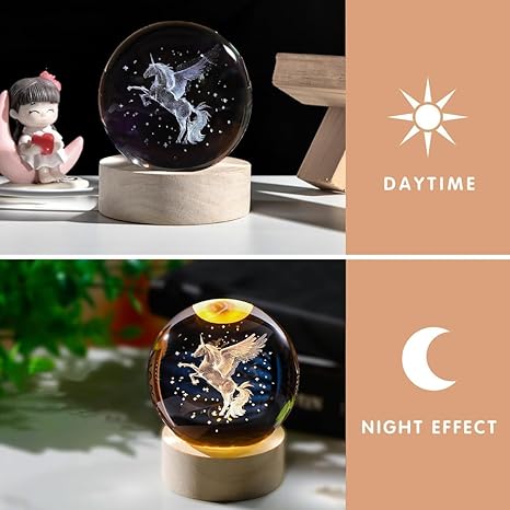 Wings Unicorn Crystal Ball Night Light | Dimmable Engraved LED Glass Ball Table Lamp with USB and Wooden Base for Home Decor, Office, Birthday Gift & Kids Bedroom, 3D Galaxy Lamp Ball (Unicorn)