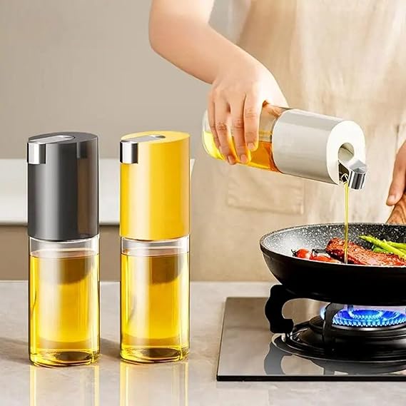 Glass Oil Dispenser Bottle with Precise Pour Spout, 500ml, Kitchen Cooking Oil Container, Silver