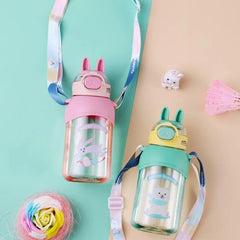 Plastic Water Bottle Pulse cartoon print Bunny ears BPA Free Straw water bottle for girls, boys and kids 650 ml Water Bottle