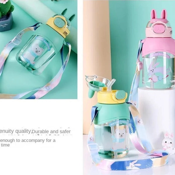 Plastic Water Bottle Pulse cartoon print Bunny ears BPA Free Straw water bottle for girls, boys and kids 650 ml Water Bottle