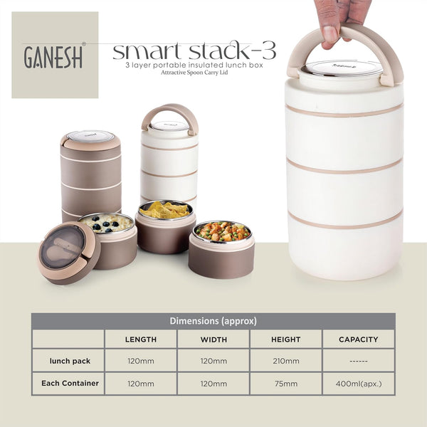 Ganesh Smart Stack 3 Layer Portable Lunch Box Stainless Steel Airtight Leak-Proof Lunch Box for Office, School, Picnic: Color May Vary (3 Layer)