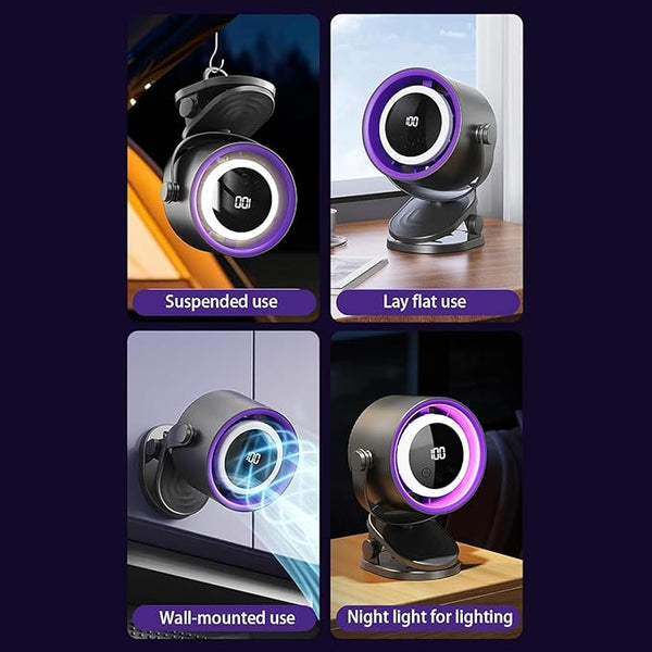 Rechargeable Bladeless Desk Fan with 360° Rotation, 5-Speed Strong Airflow, USB Powered Table Fan with Digital Touchscreen & Night Light for Bedroom, Office, Dorm & Camping