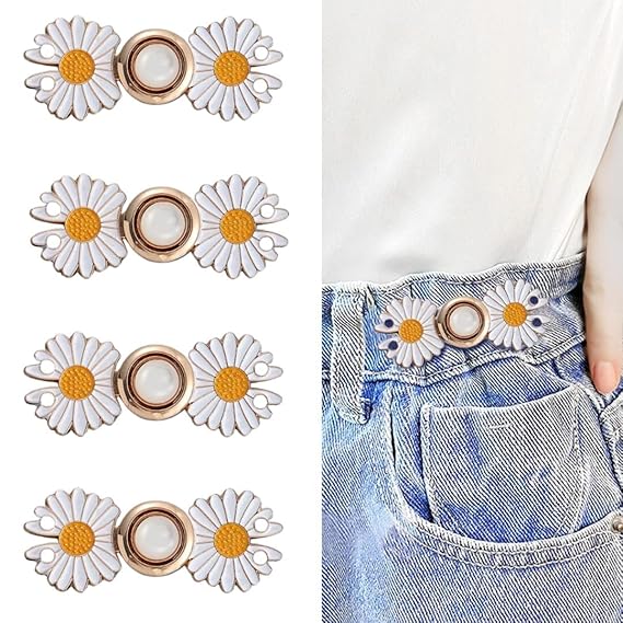 Instant Jeans Button Pins Waist Tightener Set (4 pcs White Flower pin) Make The Waist Fit for Skirt Pants Robe, No Sewing Required Waist Buckle for Loose Jeans Pants