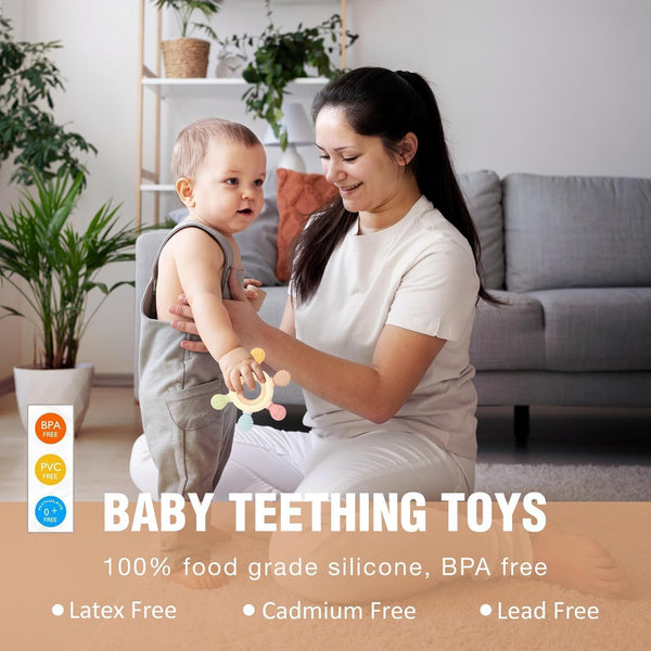 Silicone & Wood Baby Teether – BPA-Free Teething Toy for 3+ Months Baby, Soothing Sensory Toy for Infants, Ideal Gift for Newborns Silicone Rudder with Wooden Ring Soothe Babies Gums