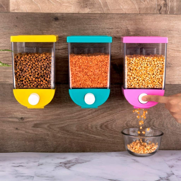 Wall-Mounted Push Button Storage Container – Airtight & Moistureproof Plastic Dispenser for Grains, Rice, Pulses, Cereal, and Dry Food Organization-1100ml