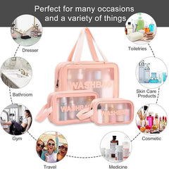 Wash Bag Pouch for Travel Kit Toiletry Bag Cosmetic Bag Make Up Box for Brushes, Accessories with Handle, Large Capacity Translucent Waterproof Travel Storage Organizer Set of 3 (Pink)