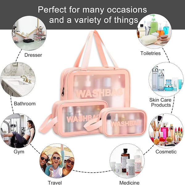 Wash Bag Pouch for Travel Kit Toiletry Bag Cosmetic Bag Make Up Box for Brushes, Accessories with Handle, Large Capacity Translucent Waterproof Travel Storage Organizer Set of 3 (Pink)
