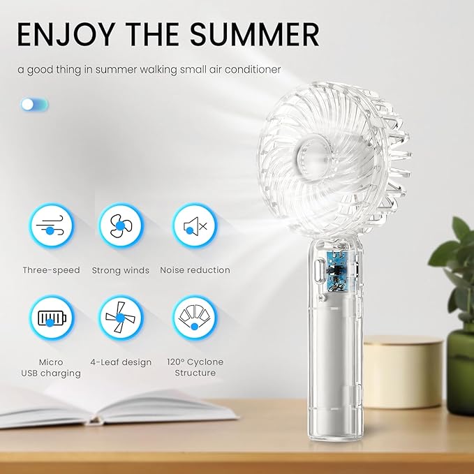 Mini Portable Personal Transparent Fan, Small Handheld Fan with 3 Speeds and USB Rechargeable, Personal Fan Battery Operate for Outdoor Indoor Commute Office Travel White