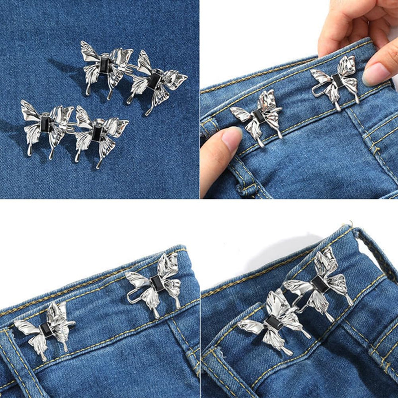 2 Sets Jeans Tightening Clips, Jeans Adjustable Pins for Women, Alloy Butterfly Adjustable Jeans Button Pins for Loose Pants and Dress