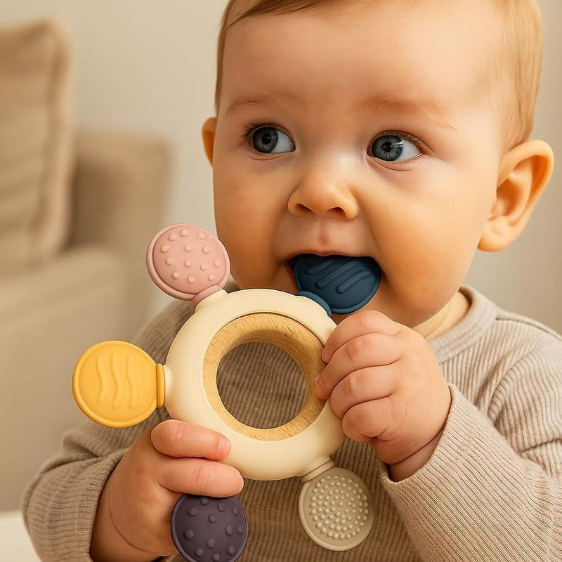 Silicone & Wood Baby Teether – BPA-Free Teething Toy for 3+ Months Baby, Soothing Sensory Toy for Infants, Ideal Gift for Newborns Silicone Rudder with Wooden Ring Soothe Babies Gums