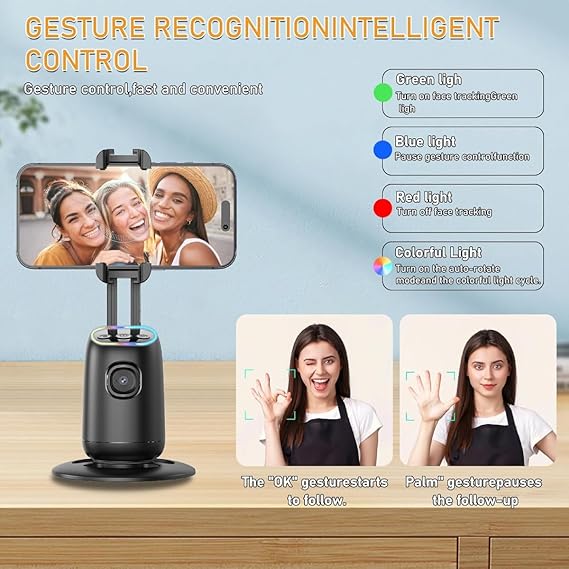 Auto Face Tracking Phone Holder 360° Smart Gimbal Stabilizer With Adjustable Lens & Colorful Lights For Smartphone Vlog Live Chat And Selfies AI Gesture Control Mobile Stand Tripod Stand