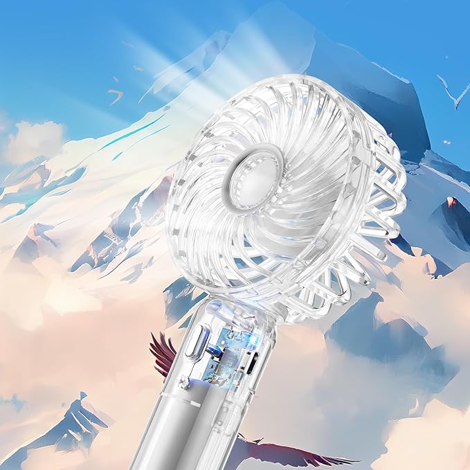 Mini Portable Personal Transparent Fan, Small Handheld Fan with 3 Speeds and USB Rechargeable, Personal Fan Battery Operate for Outdoor Indoor Commute Office Travel White