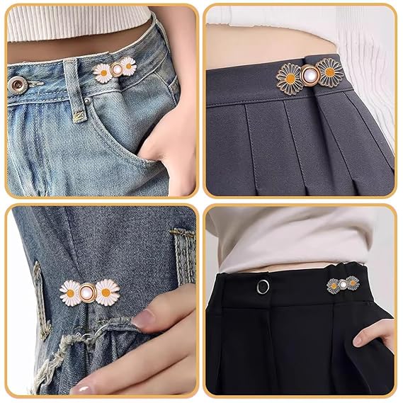 Instant Jeans Button Pins Waist Tightener Set (4 pcs White Flower pin) Make The Waist Fit for Skirt Pants Robe, No Sewing Required Waist Buckle for Loose Jeans Pants