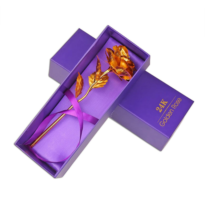 Golden Rose, 24K Foil Artificial Rose Plastic Long Stem Rose, Gold Dipped Plated Rose Fake Flower with Gift Box, Unique Gift for Valentines Day