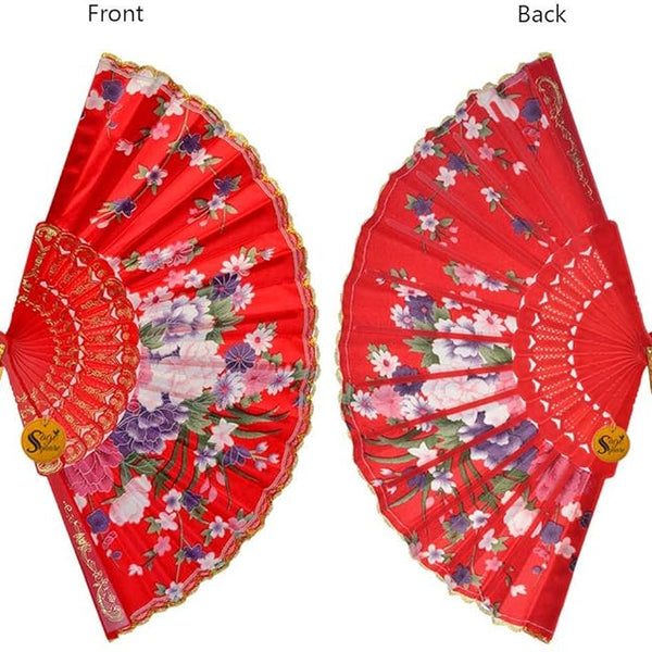 Handheld Folding Chinese Fan Vintage, Fabric Folding Fan for Wedding, Dance, Decoration,Birthday Party, Photo Booth (Red)