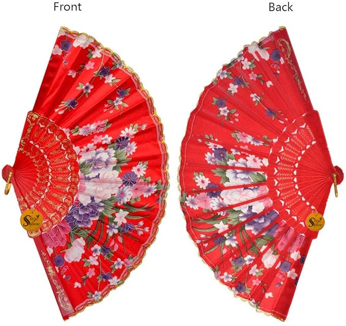 Handheld Folding Chinese Fan Vintage, Fabric Folding Fan for Wedding, Dance, Decoration,Birthday Party, Photo Booth (Red)