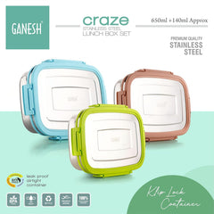 Ganesh Craze Stainless Steel Tiffin Lunch Box Container with 4 Side Clip Lock \Easy to Carry/Leak Proof(650ml 1pc + 140ml 1 Pc) Green