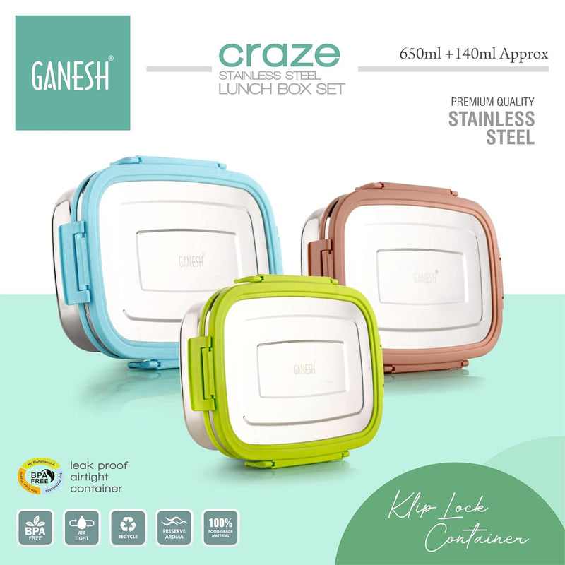 Ganesh Craze Stainless Steel Tiffin Lunch Box Container with 4 Side Clip Lock \Easy to Carry/Leak Proof(650ml 1pc + 140ml 1 Pc) Green