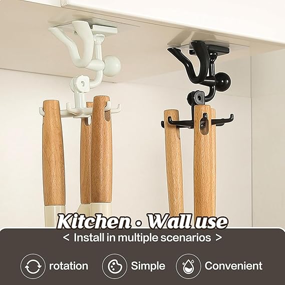 360 Degree Rotating Figure 6 Claw Kitchen Utensils Holder Hook OrganizerKitchen Rack, Non-Punching and Trace Sticky Hook for Bathroom, Door, Wall, White