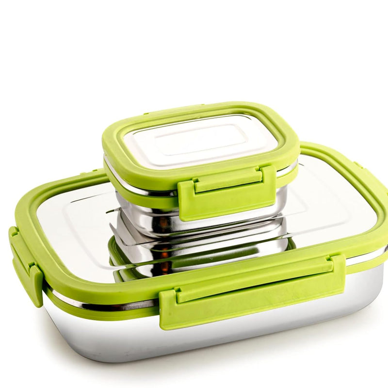Ganesh Craze Stainless Steel Tiffin Lunch Box Container with 4 Side Clip Lock \Easy to Carry/Leak Proof(650ml 1pc + 140ml 1 Pc) Green