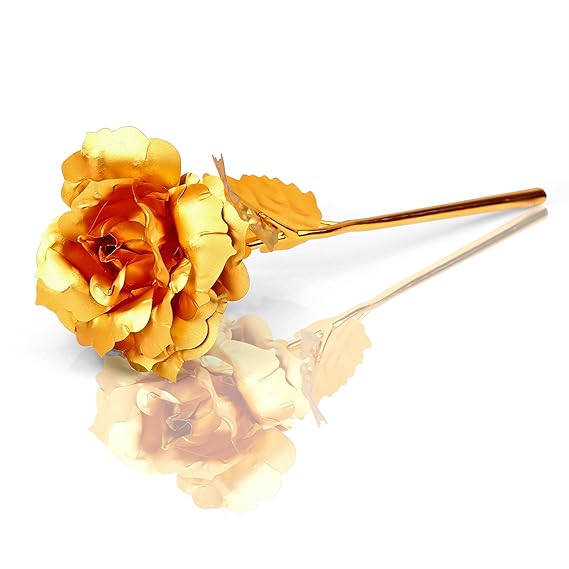 Golden Rose, 24K Foil Artificial Rose Plastic Long Stem Rose, Gold Dipped Plated Rose Fake Flower with Gift Box, Unique Gift for Valentines Day