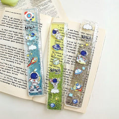 Space Sparkly Glitter Ruler 20 cm – Cartoon Astronaut School Ruler for Kids with Cute Duck Stickers for Art Craft Projects Birthday Gift Stationery Scale