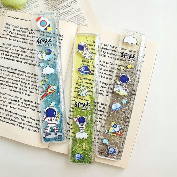 Space Sparkly Glitter Ruler 20 cm – Cartoon Astronaut School Ruler for Kids with Cute Duck Stickers for Art Craft Projects Birthday Gift Stationery Scale