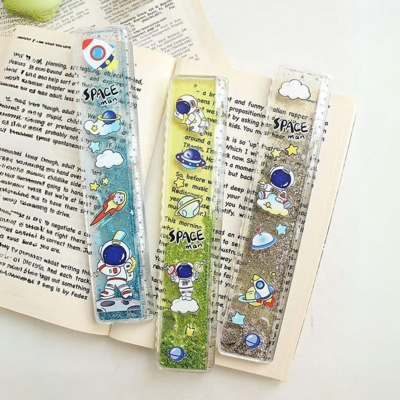 Space Sparkly Glitter Ruler 20 cm – Cartoon Astronaut School Ruler for Kids with Cute Duck Stickers for Art Craft Projects Birthday Gift Stationery Scale