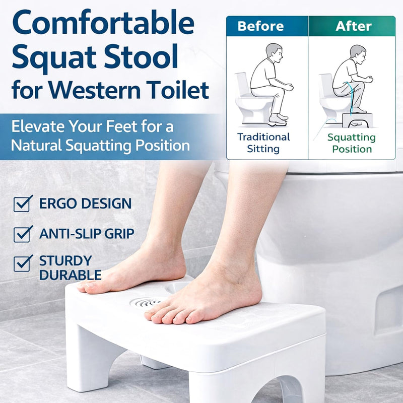 Plastic White Non-Slip Folding Toilet Squat Stool – Portable Foot Rest for Enhanced Bowel Movement, Safe & Comfortable for Adults and Kids