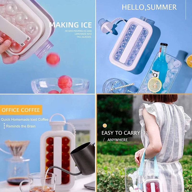 2-in-1 Foldable Ice Ball Maker Bottle – Creative Silicone Ice Mold Kettle Makes 12 Slow-Melt Ice Balls with Leak-Proof Lid & Easy-Release Strap for Whiskey, Cocktails, Coffee & Outdoor Travel