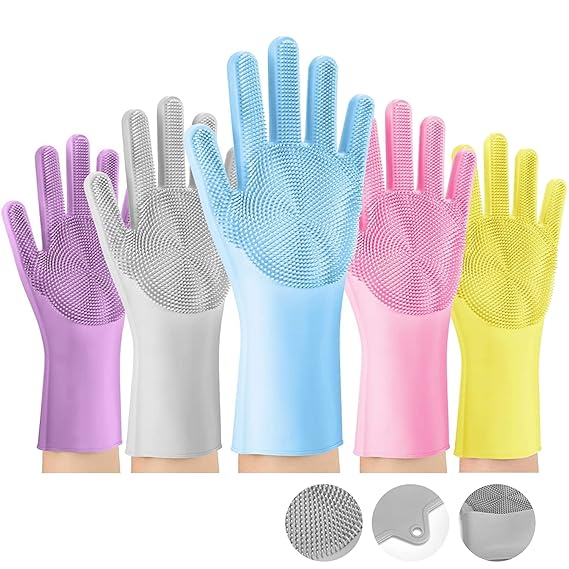 Silicone Dish Washing Gloves, Silicon Cleaning Gloves, Silicon Hand Gloves for Kitchen Dish washing and Pet Grooming, Great for Washing Dish, Kitchen, Car, Bathroom Wet and Dry Disposable Glove