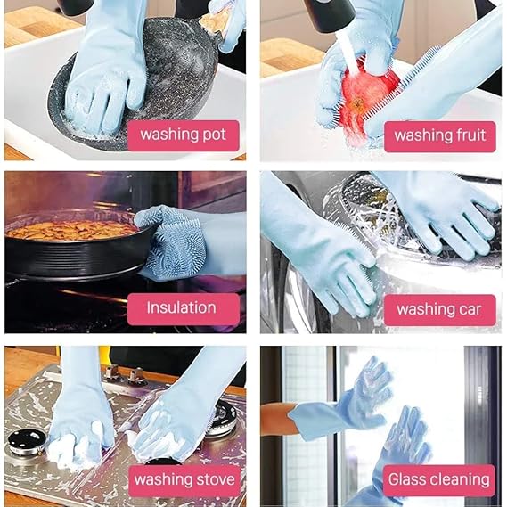 Silicone Dish Washing Gloves, Silicon Cleaning Gloves, Silicon Hand Gloves for Kitchen Dish washing and Pet Grooming, Great for Washing Dish, Kitchen, Car, Bathroom Wet and Dry Disposable Glove